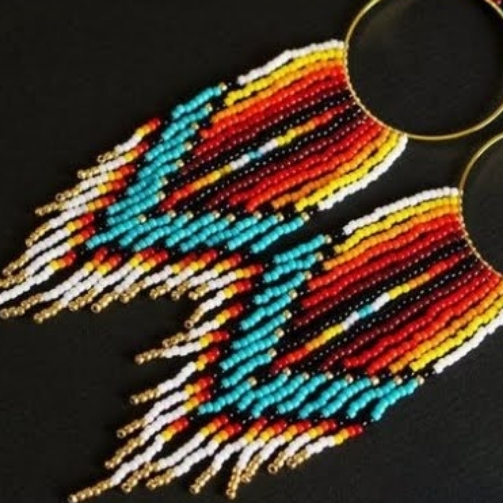 Flat Beaded hoop tassel Earrings - Picture 3 of 3